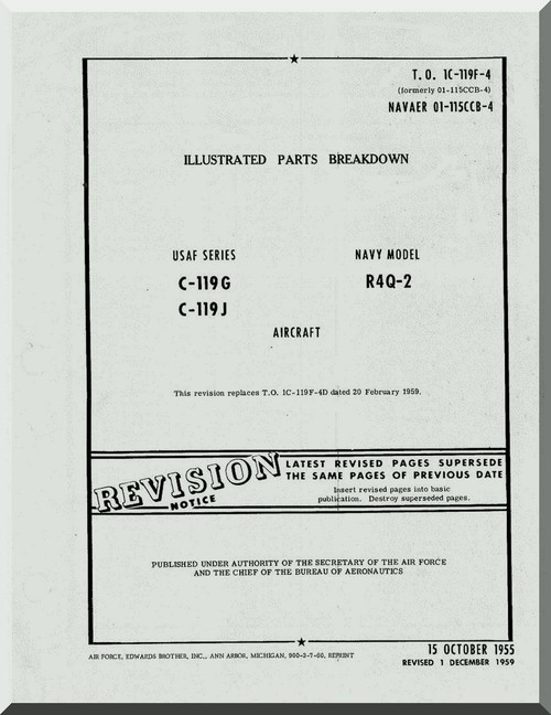 Fairchild C-119 G , J R4Q-2 Illustrated Parts Catalog   Manual TO  1C-119F-4 , 1955