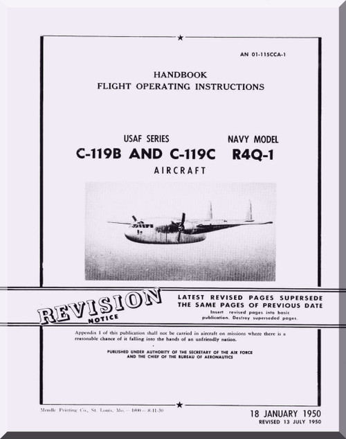 Fairchild C-119 B, C R4Q-1  ,  Handbook Flight Operating Instructions Manual TO  01-115CCA-1B-1 , 1950