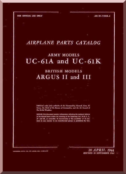 Fairchild  UC-61A, UC-61K GK-1 Argus  II  and III  ,  Parts Catalog  Manual TO  01-115CA-4 , 1944