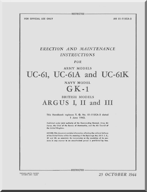 Fairchild UC-61, UC-61A, UC-61K GK-1 Argus I , II  and III  ,  Erection and Maintenance Instructions Manual TO  01-115CA-2 , 1944