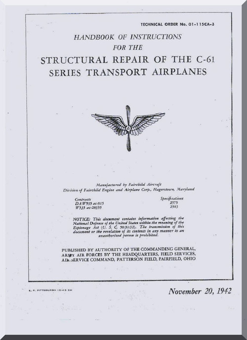 Fairchild C-61  ,  Structural Repair Manual TO  01-115CA-3 , 1942