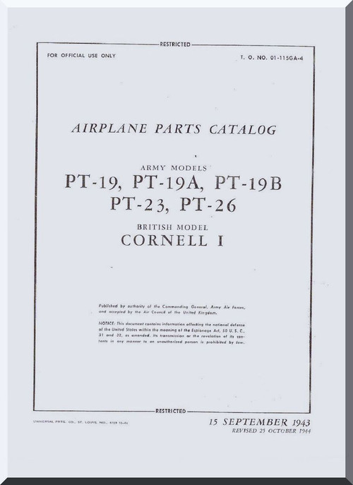 Fairchild PT-19, -19A, -19B, -23, -26  ,  Parts Catalog Manual TO  01-115GA-4 , 1943