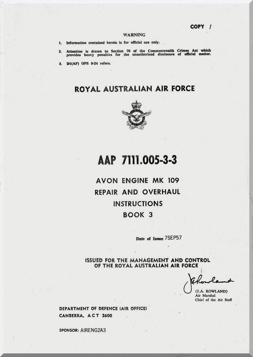 Rolls Royce Avon Mk 109 Aircraft Engine Repair and Overhaul Manual Book