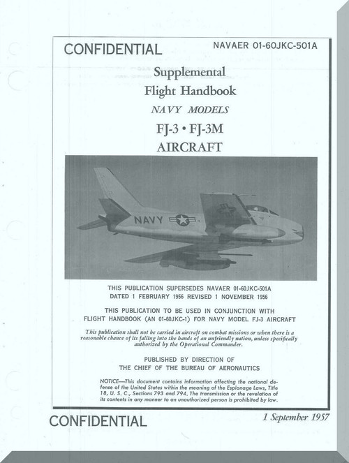 North American Aviation FJ-3, -3M Aircraft Supplement Flight Handbook - NAVAER 01-60JKC-501A , 1957 