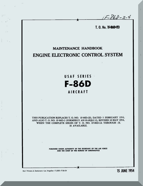 North American Aviation F-86 D Aircraft Maintenance Handbook Engine Control System Manual - TO 1F-86D-2-4 , 1954