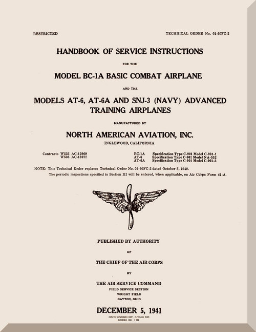 North American Aviation BC-1A AT-6 SNJ -3 Aircraft Handbook of Service instructions Manual - TO 01-60FC-2 - 1941 