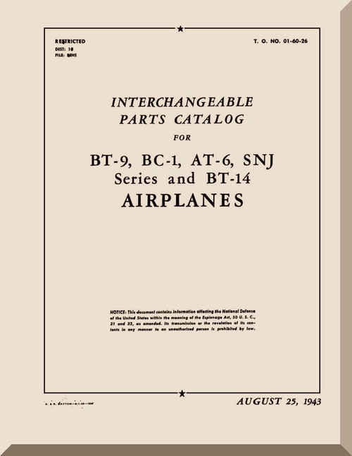North American Aviation BT-9, BC-1, AT-6, SNJ Aircraft Interchangeable Parts Catalog Manual - TO 01-60-23 - 1943 Aircraft Manuals