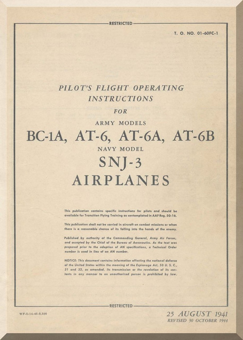 North American Aviation BC-1A, AT-6 A, B SNJ -3 Aircraft Pilot's Handbook Manual - TO 01-60FEC-1 - 1941