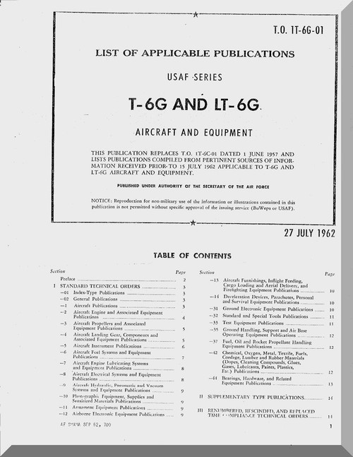  North American Aviation T-6 G Aircraft List of Applicable Publication Manual - TO 1T-6G-01 - 1962