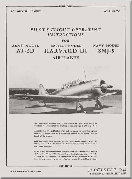 North American Aviation AT-6D Harvard II SNJ    Aircraft  Flight Handbook Manual -  TO 01-60FF-1 - 1944