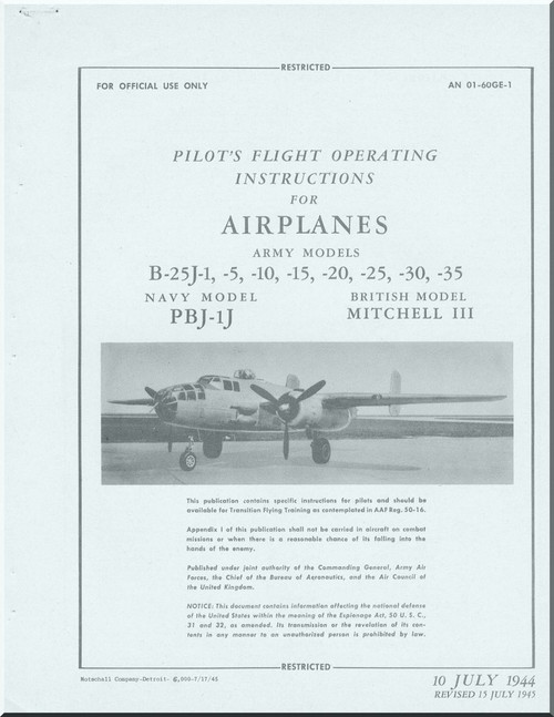 North American Aviation B-25J-1,5,10,-15,-20,-25,-30,-35 Aircraft Handbook Flight Operating Instructions Manual - AN 01-60GE-1 , 1944
