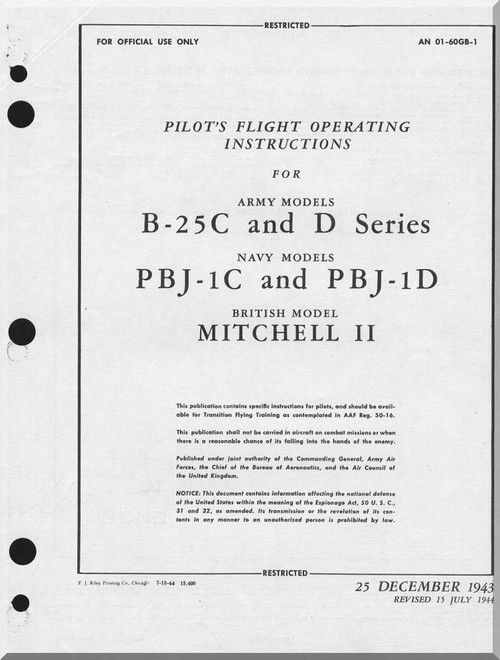  North American Aviation B-25 C, D, PBJ-1 C, D, Aircraft Pilot's Flight Operating Instructions Manual - AN 01-60GB-1 , 1943