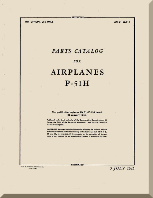 North American Aviation P-51 H Aircraft Preliminary Parts Catalog Manual - AN 01-60JF-4 - 1945 Aircraft Manuals