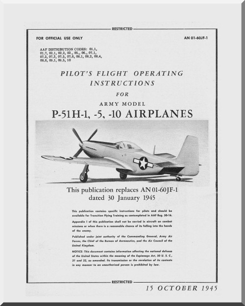  North American Aviation P-51 H-1, -5, -10 Aircraft Pilot's Handbook Manual - TO 01-60JF-1 - 1945