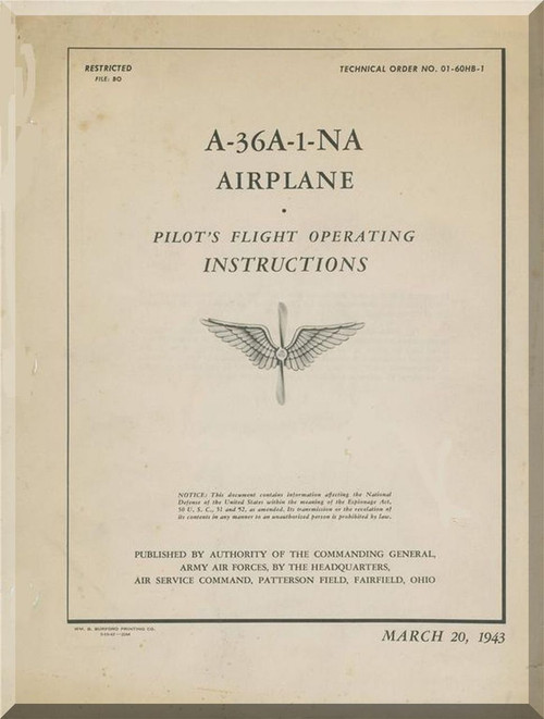 North American Aviation A-36 A-1-NA Aircraft Pilot's flight Operating Instructions Manual - TO 01-60HB-1 - 1943Aircraft Flight Manual