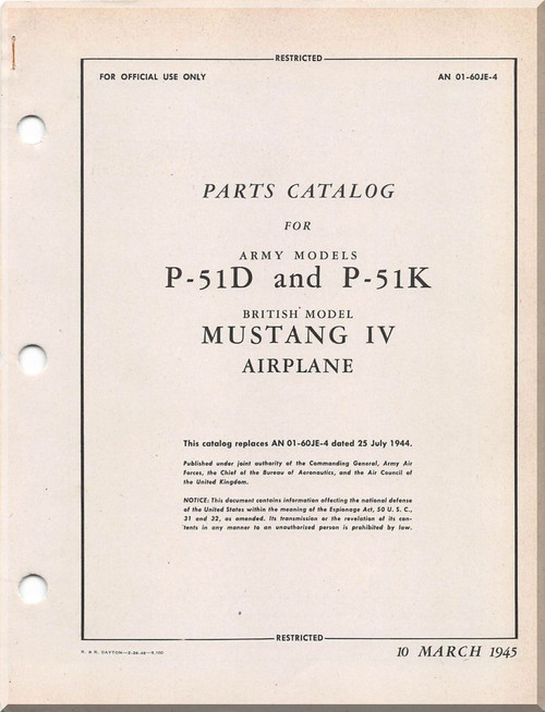North American Aviation P51 D, K Aircraft Parts Catalog Manual TO 1