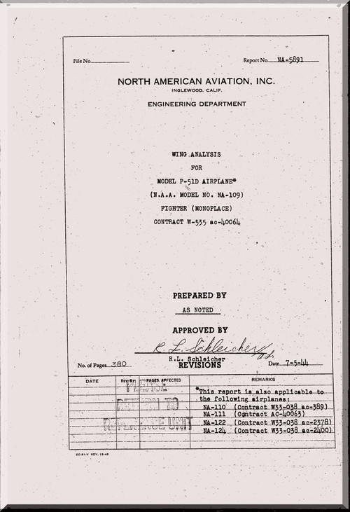 North American Aviation P-51 D Mustang Aircraft Wing Analysis Manual NA-5891 