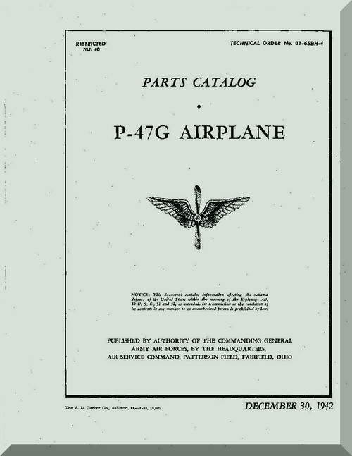 Republic P-47G Aircraft Parts Catalog  Manual NO 01-65BH-4  -  1942 -
