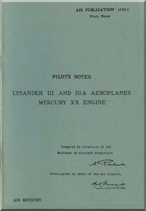 Westland Lysander III Aircraft  Pilot's Notes Manual