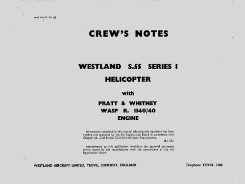 Westland Whirlwind  S.55 Series I  Helicopter Crew's Notes  Manual