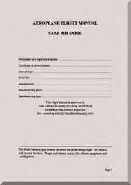 SAAB 91 B Safir Aircraft  Flight  Manual,  ( English Language ) , 