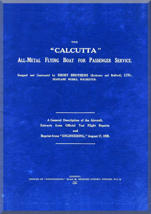 Short Calcutta Aircraft Technical Manual - ( English Language ) , 1928 