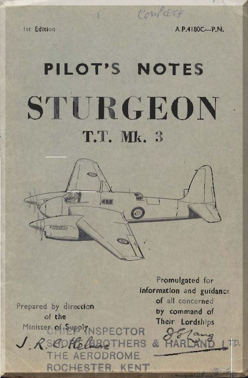 Short Sturgeon T.T. Mk.3 Aircraft Pilot's Notes Manual - ( English Language ) AP 4180 C