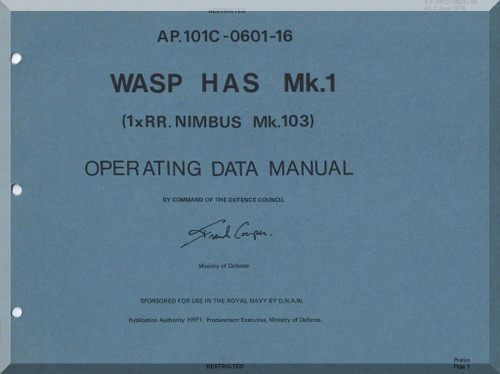 Westland WASP Mk 1  Helicopter Operating Data  Manual  - A.P. 1001C-0601-16 - 1964
