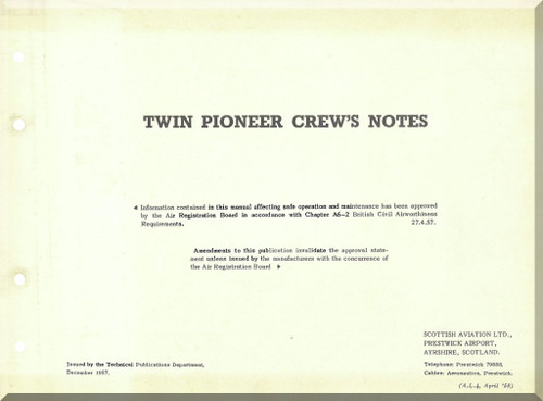 Scottish Aviation Twin Pioneer CC Mk.1 and Mk.2 Aircraft  Crew Notes Manual