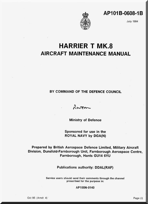 BAe / Hawker Siddeley Harrier T Mk 8 Aircraft Airframe  Maintenance  Manual -  ( English Language ) - Air Publication 101B-0608-1B , 1995