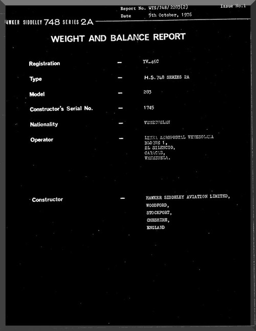 Avro Andover / BAe / Hawker Siddeley 748   Aircraft  Weight and Load  Manual