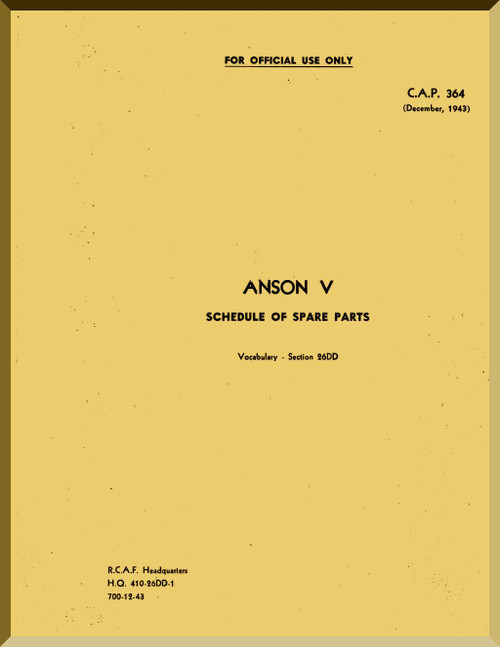 A. V. Roe Avro Anson V Aircraft Schedule of Spars Part Manual