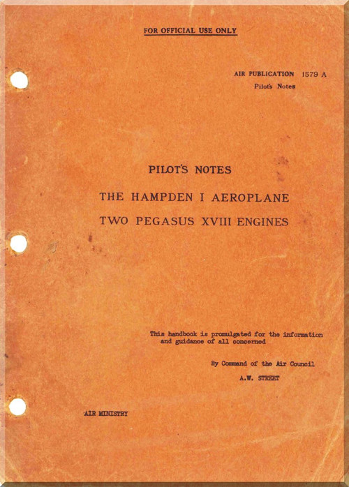 Handley Page Hampden I Aircraft  Pilot's Notes Manual A. P. 1579 A