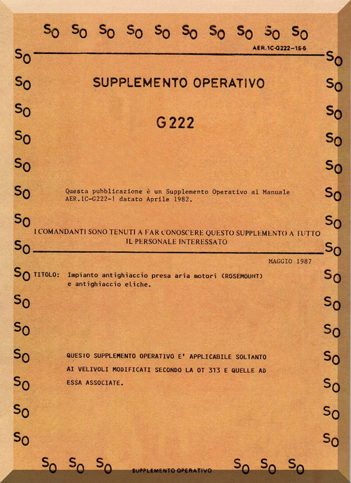 Aeritalia / FIAT G-222 Aircraft Flight  Supplement Manual, Supplemento Operativo ( Italian Language ) AER  1C-G222-5-51 , 1982