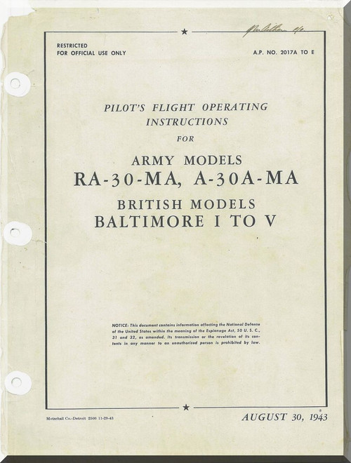 Glenn Martin RA-30-MA , A30A-MA Baltimore  Pilot's Flight Operating Instructions  Manual    ( English Language ) A.P.  2017A to E - 1943