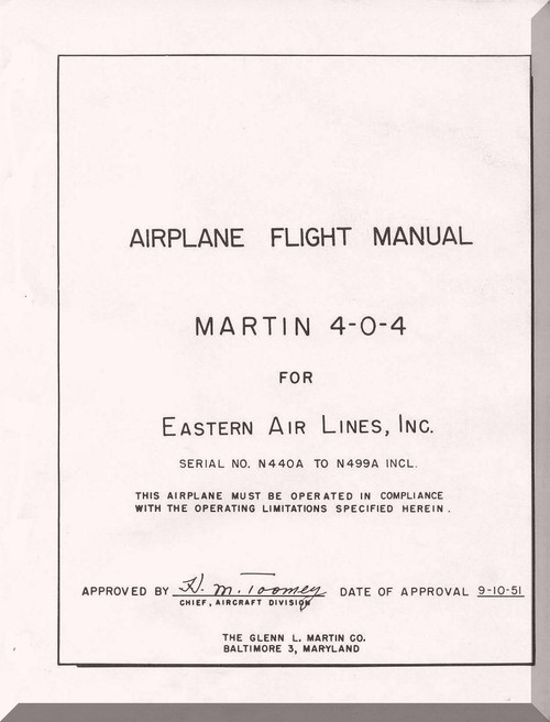 Glenn Martin 4 0 4 Flight  Manual  Eastern Airline  - 1951 -   400 pages