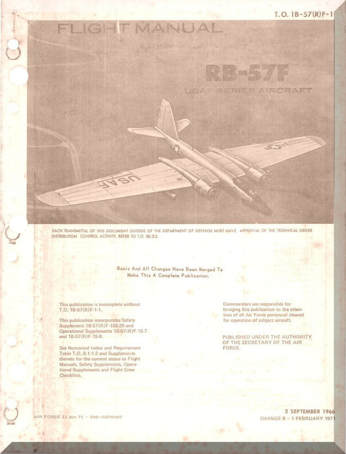 Glenn Martin RB-57 F Canberra Aircraft Flight  Manual -  1B-57(R)F-1 - 1966