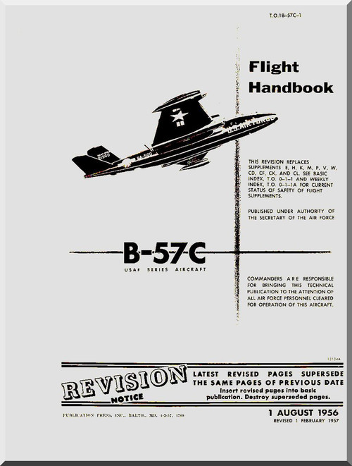 Glenn Martin B-57 C Canberra Aircraft Flight  Manual - 1B-57C-1 - 1956