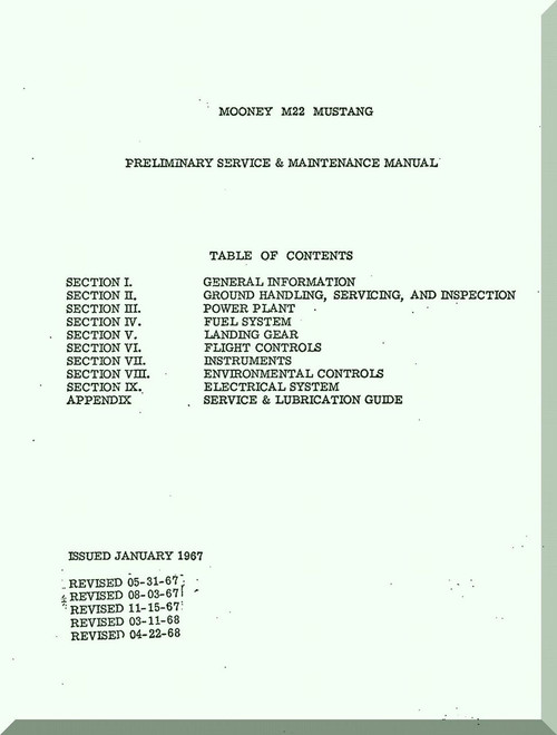 Mooney M.22 " Mustang " Aircraft Service Maintenance Manual  - 1967