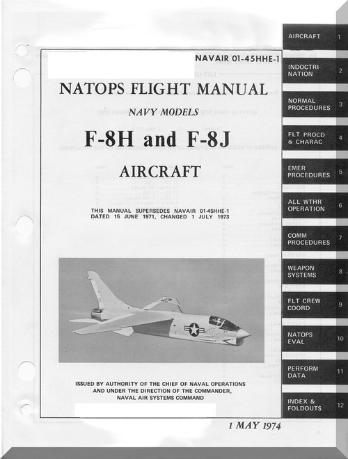 Vought F8 H, J " Crusader " Aircraft Flight Handbook Manual 01-45HHE-1