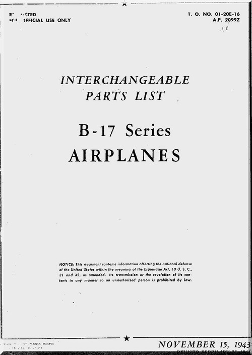 Boeing B-17  Aircraft  Interchangeable Parts List   Manual -  AN 01-20E-16 ,   1943