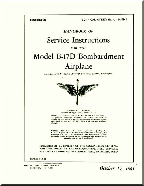 Boeing  B-17 D Aircraft Maintenance Handbook Manual 01-20ED-2 - 1941