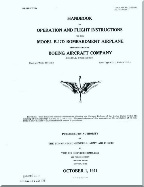 Boeing B-17 D Aircraft Operation and Flight Instruction Instructions  Manual -  AN 01-20ED-1 ,   1941