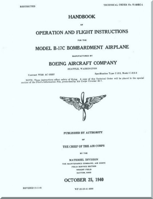 Boeing B-17 C Aircraft Operation and Flight Instruction Instructions  Manual -  AN 01-20EC-1 ,   1940