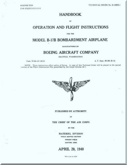 Boeing B-17 B Aircraft Operation and Flight Instruction Instructions  Manual -  AN 01-20EB-1 ,   1940