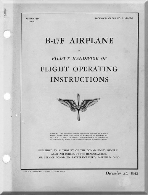 Boeing B-17 F Aircraft Flight Operation Instructions  Manual -  AN 01-20EF-1 ,   1942