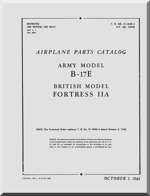 Boeing B-17 E Aircraft Parts Catalog  Manual -  AN 01-20EE-4 ,   1943