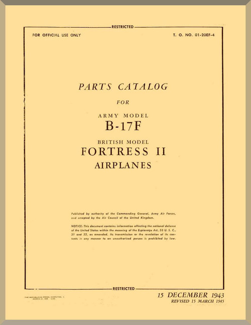 Boeing B-17 F Aircraft Parts Catalog Manual -  AN 01-20EF-4 ,   1943