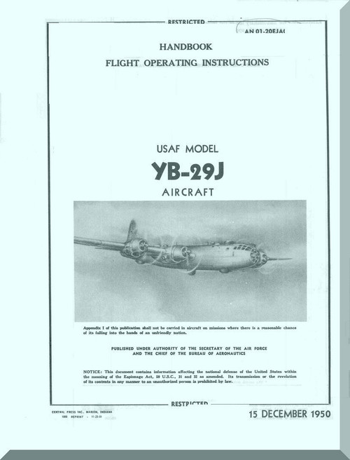 Boeing YB-29J Aircraft Flight Handbook  Manual -  AN 1B029(Y)-J1  ,   1950