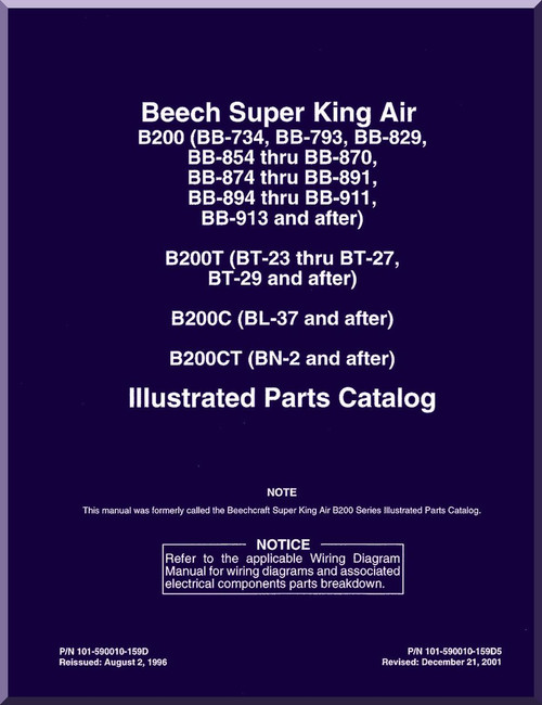 Beechcraft Model Super King Air B 200   B200T B200C B200 CT  Aircraft Illustrated Parts Catalog  Manual